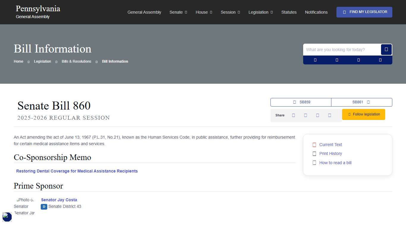 Senate Bill 860 Information; 2025-2026 Regular Session - The Official Website of the Pennsylvania General Assembly